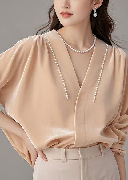 Silk Shirt Pink Pearl Velour Art Neck Spring V