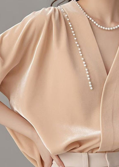 Silk Shirt Pink Pearl Velour Art Neck Spring V