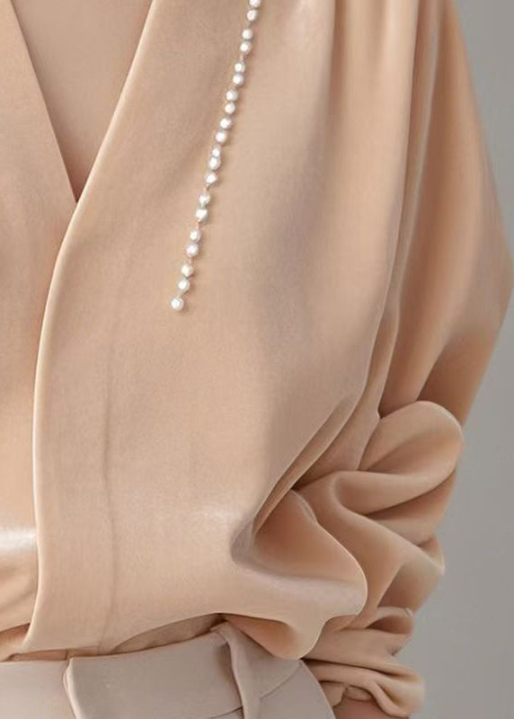 Silk Shirt Pink Pearl Velour Art Neck Spring V