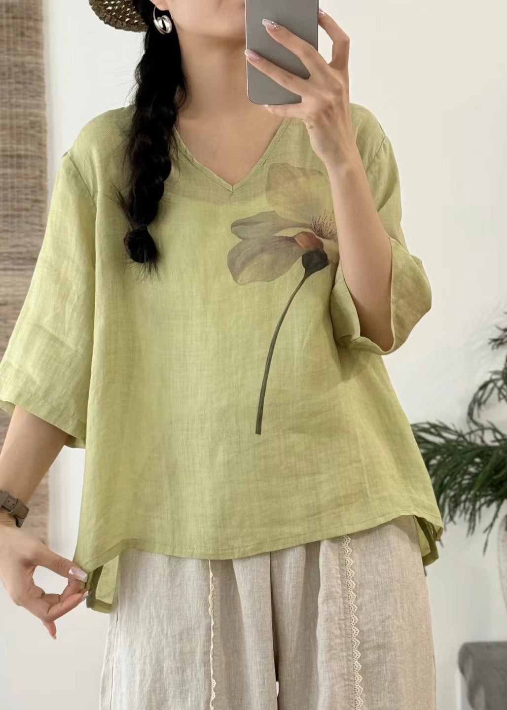 Sleeve V T Neck Art Print Half Linen Open Pink Side Shirt