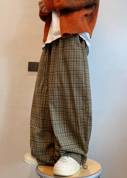 Fall Drawstring Wide Cotton Men Plaid Leg Pockets Art Pants