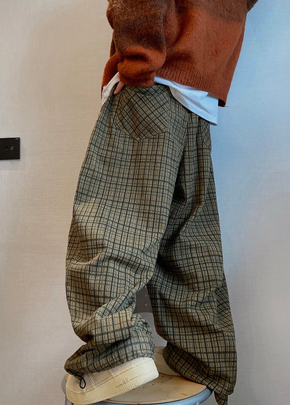Fall Drawstring Wide Cotton Men Plaid Leg Pockets Art Pants