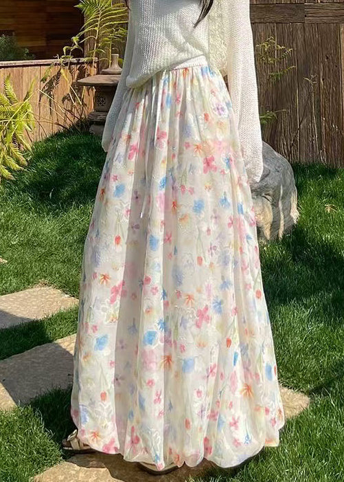 Print Up Skirts Lace Waist Chiffon Summer Elastic Art