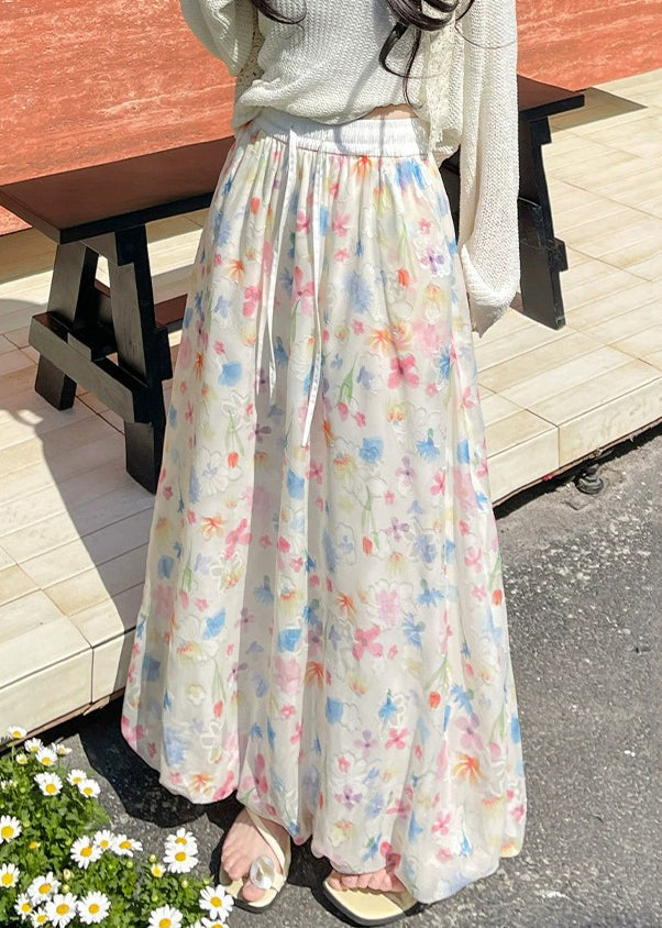 Print Up Skirts Lace Waist Chiffon Summer Elastic Art