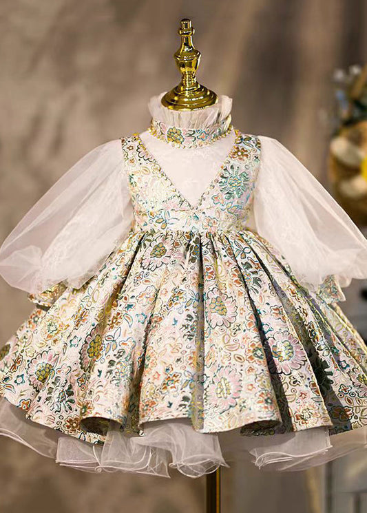 Art Print Turtleneck Tulle Kids Maxi Dresses Lantern Sleeve YS030