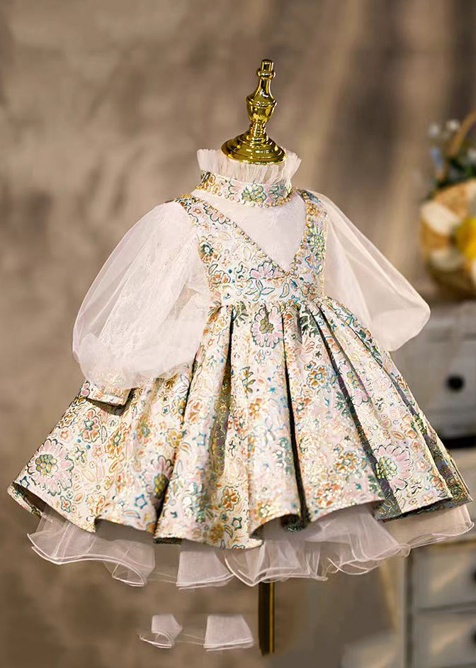 Art Print Turtleneck Tulle Kids Maxi Dresses Lantern Sleeve YS030