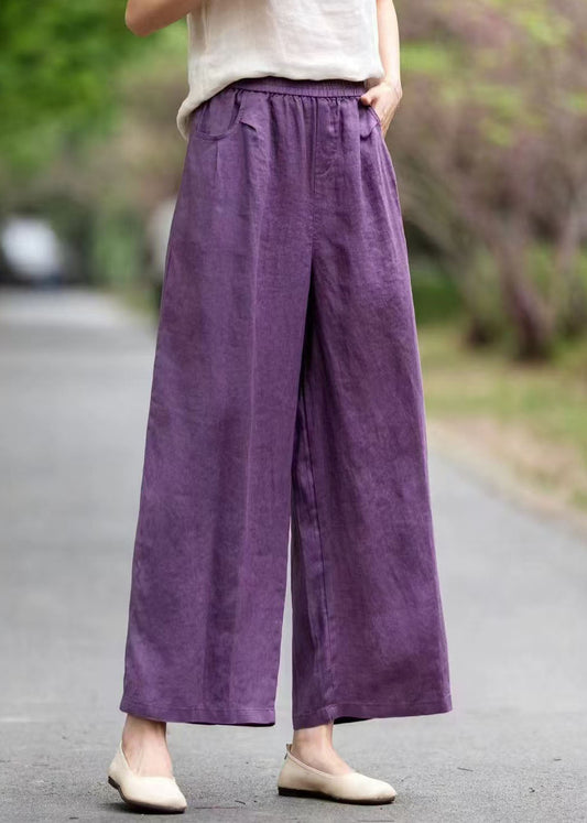 Pockets Linen Summer Pants Straight Art Oversized Purple
