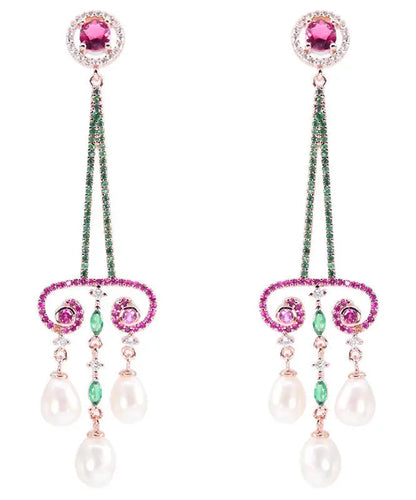 Art Purple Sterling Silver Pearl Zircon Water Drop Tassel Drop Earrings Ada Fashion