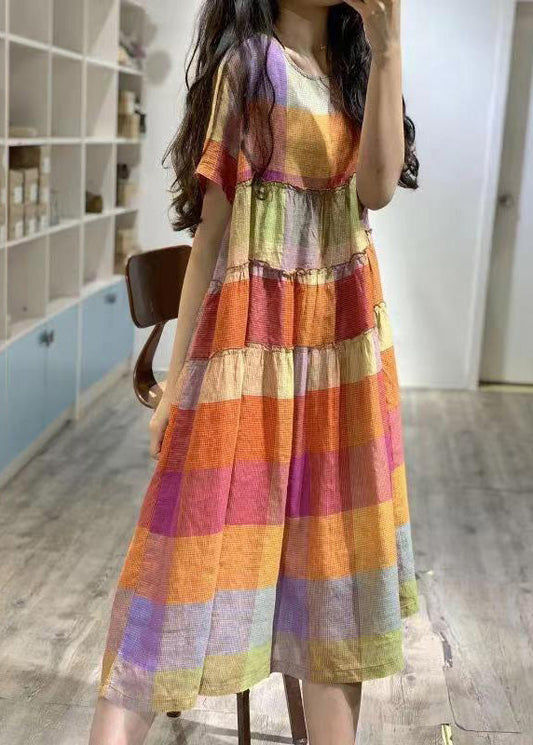 Summer Art Rainbow Ruffled Linen Plaid Dress