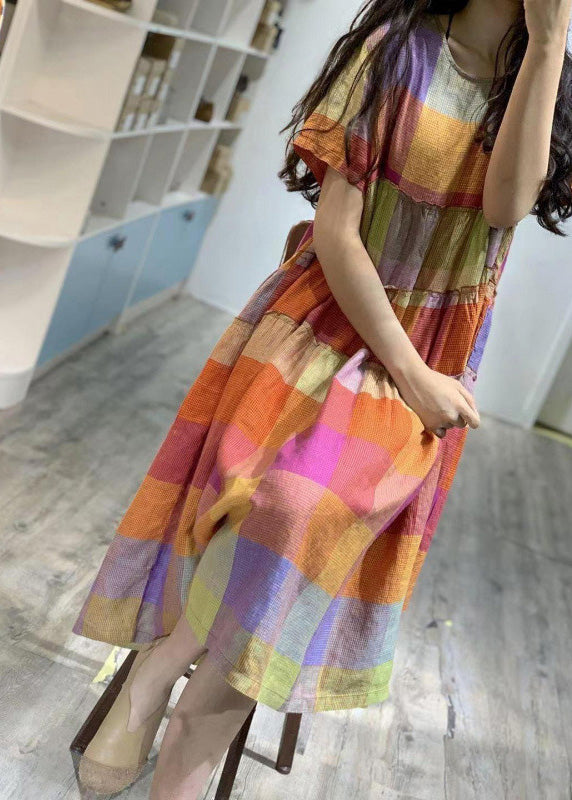Summer Art Rainbow Ruffled Linen Plaid Dress