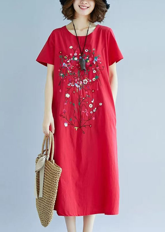 Red Dress Summer Linen Embroidered Holiday Art