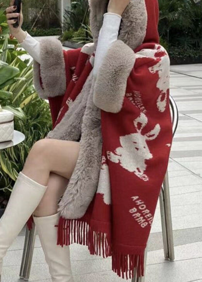 Art Red Hooded Print Patchwork Warm Fleece Cape Coats Spring YW005