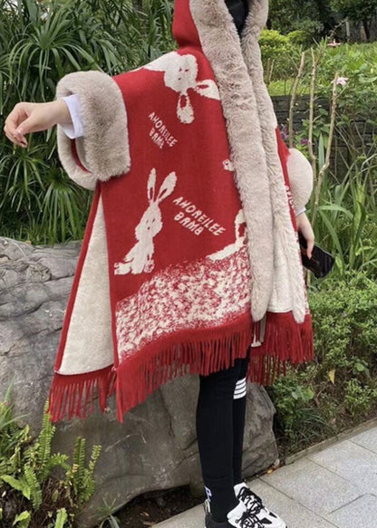 Art Red Hooded Print Patchwork Warm Fleece Cape Coats Spring YW005