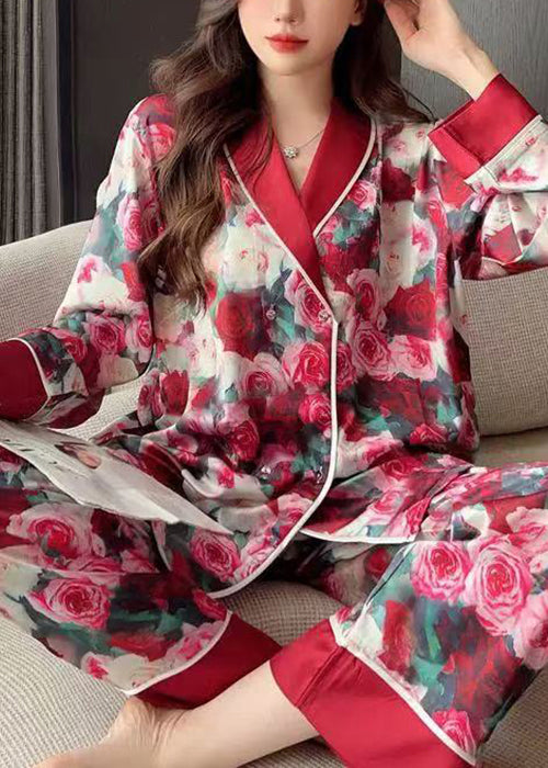 Art Red Peter Pan Collar Print Ice Silk Pajamas Two Piece Set Spring YK022