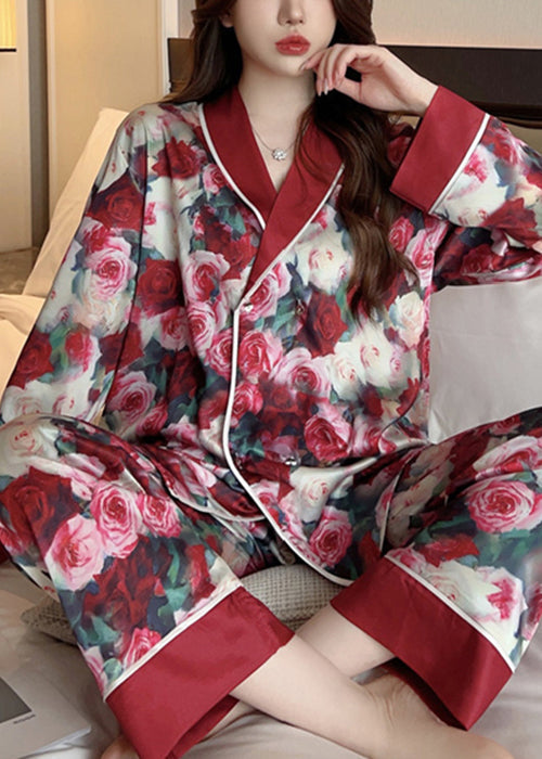 Art Red Peter Pan Collar Print Ice Silk Pajamas Two Piece Set Spring YK022