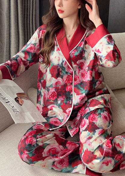 Art Red Peter Pan Collar Print Ice Silk Pajamas Two Piece Set Spring YK022