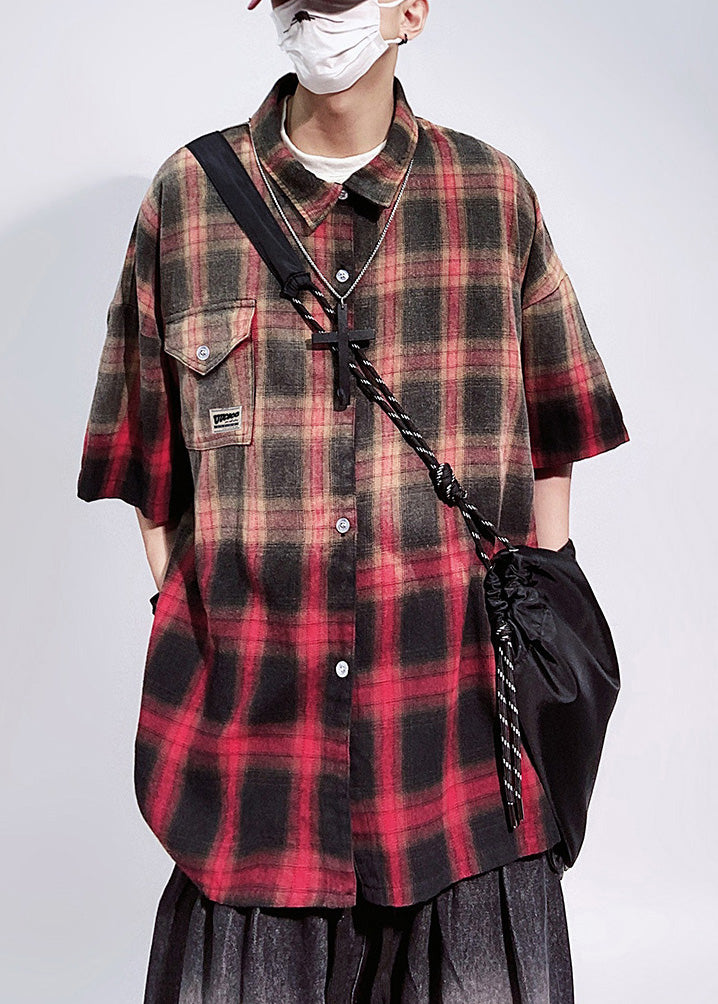 Oversized Red Art Cotton Sleeve Half Pockets Plaid Shirts Mens