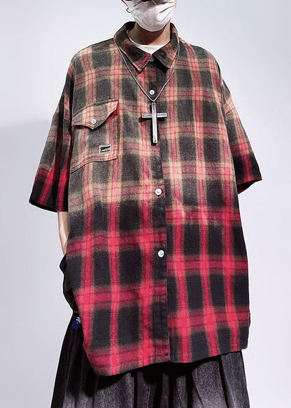 Oversized Red Art Cotton Sleeve Half Pockets Plaid Shirts Mens