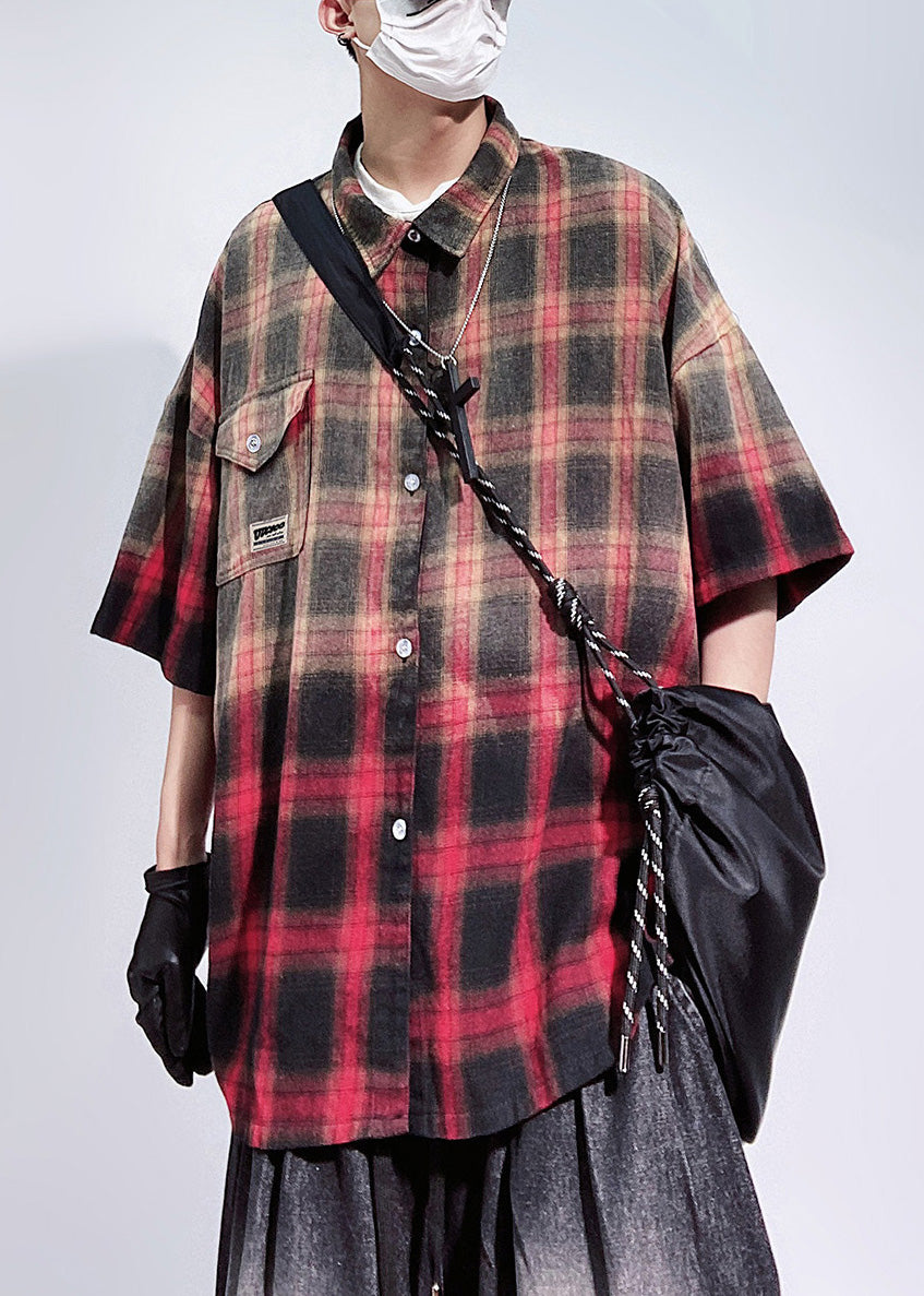 Oversized Red Art Cotton Sleeve Half Pockets Plaid Shirts Mens