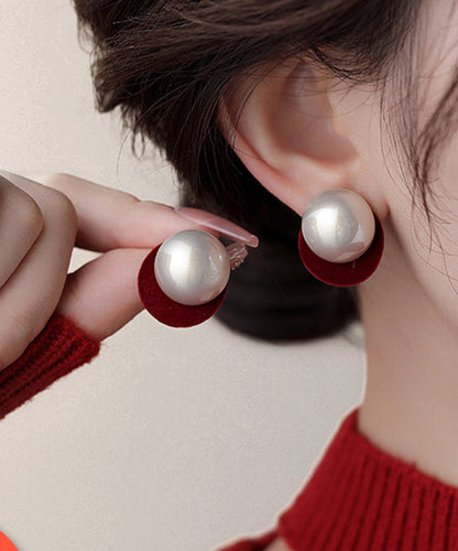 Silver Stud Art Red Earrings Pearl Flocking Sterling