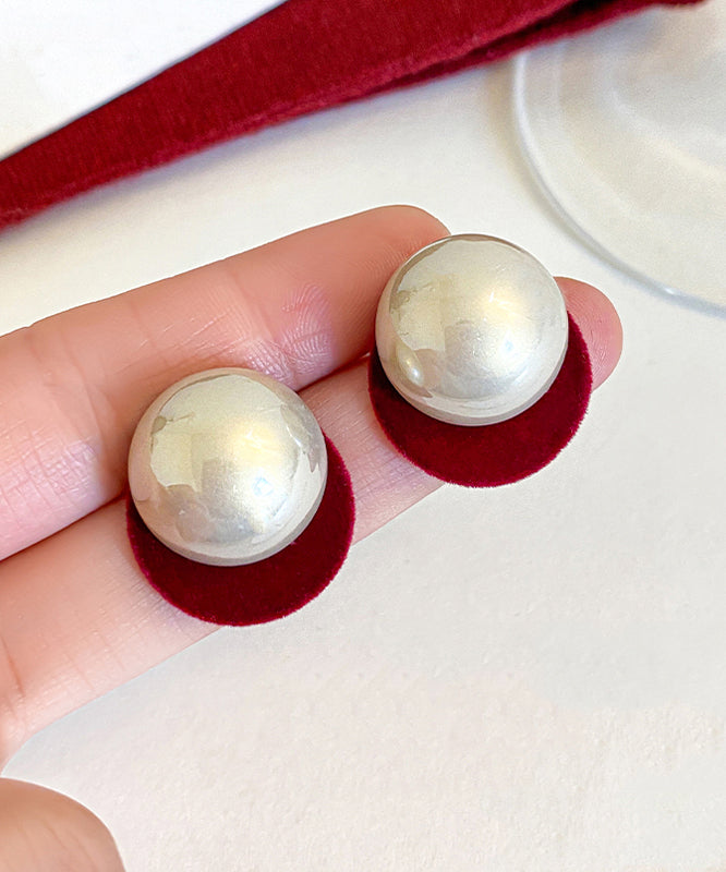 Silver Stud Art Red Earrings Pearl Flocking Sterling
