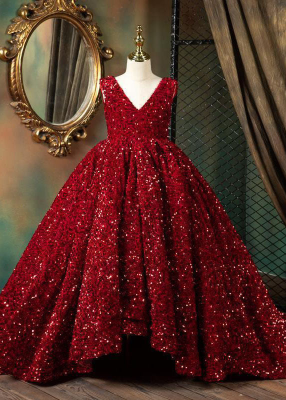 Art Red V Neck Patchwork Sequins Girls Maxi Dresses Sleeveless YS001