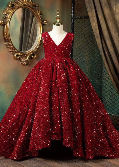 Art Red V Neck Patchwork Sequins Girls Maxi Dresses Sleeveless YS001