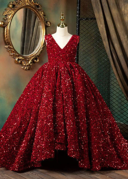 Art Red V Neck Patchwork Sequins Girls Maxi Dresses Sleeveless YS001