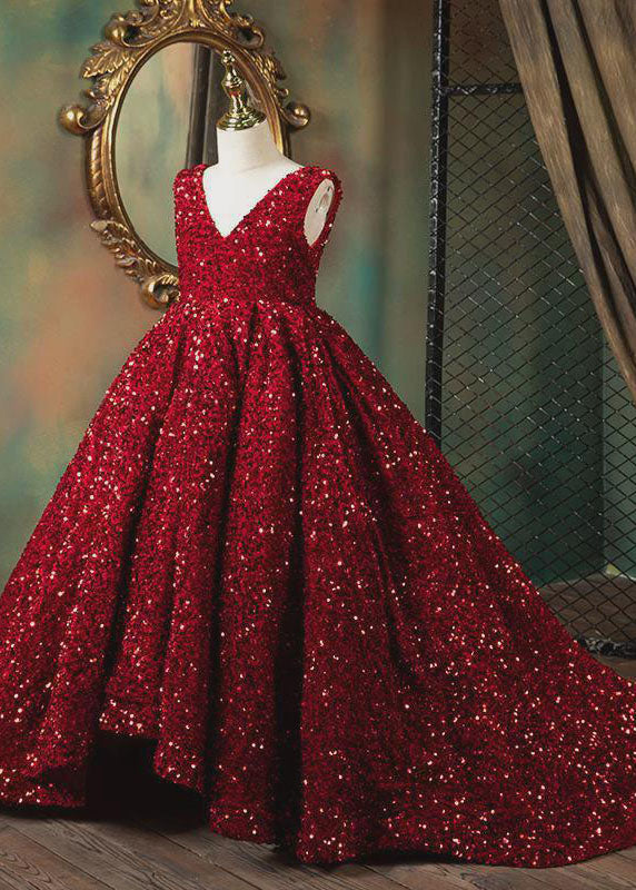 Art Red V Neck Patchwork Sequins Girls Maxi Dresses Sleeveless YS001