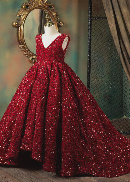 Art Red V Neck Patchwork Sequins Girls Maxi Dresses Sleeveless YS001