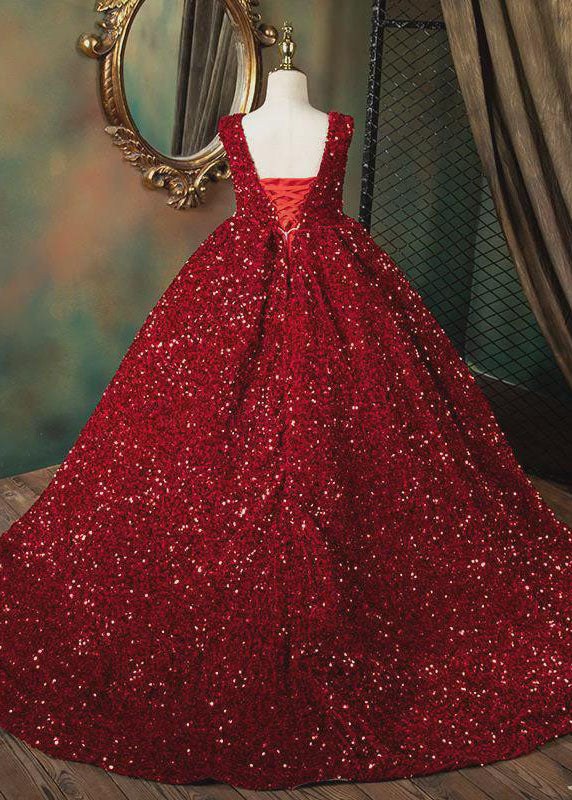 Art Red V Neck Patchwork Sequins Girls Maxi Dresses Sleeveless YS001