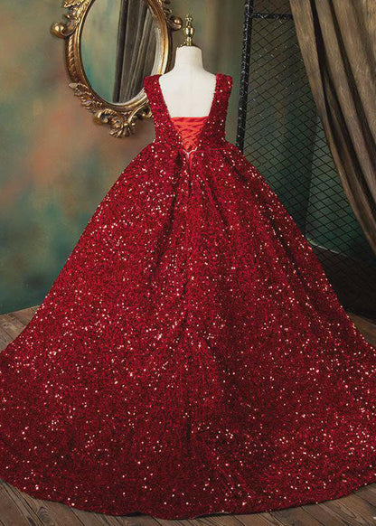 Art Red V Neck Patchwork Sequins Girls Maxi Dresses Sleeveless YS001