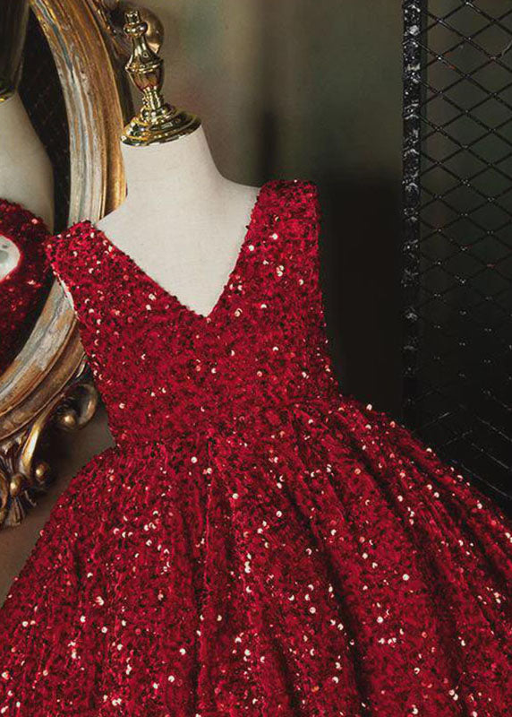 Art Red V Neck Patchwork Sequins Girls Maxi Dresses Sleeveless YS001