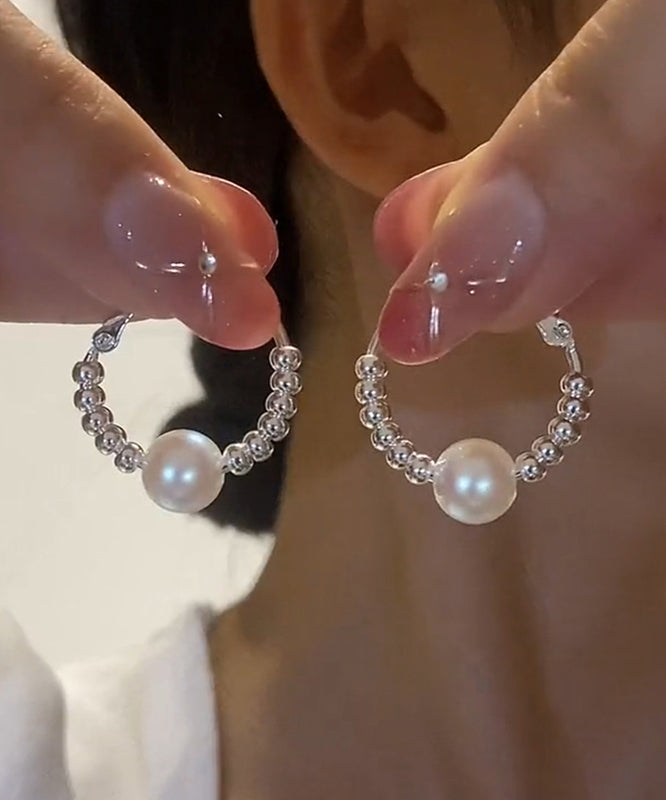 Pearl Earrings Broken Copper Hoop Art Silk Silver