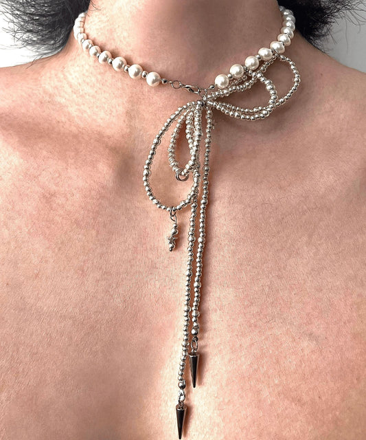 Art Silk Stainless Steel Pearl Bow Tie Lac Pendant Necklace YA017