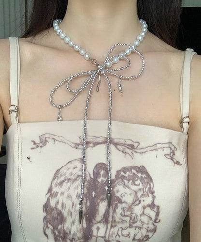 Art Silk Stainless Steel Pearl Bow Tie Lac Pendant Necklace YA017