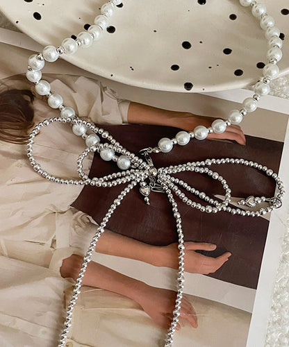 Art Silk Stainless Steel Pearl Bow Tie Lac Pendant Necklace YA017