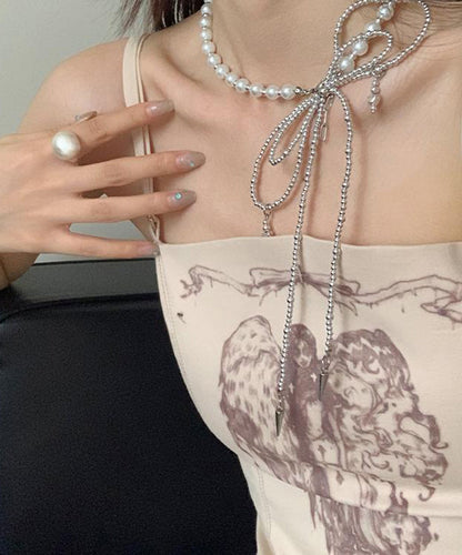 Art Silk Stainless Steel Pearl Bow Tie Lac Pendant Necklace YA017