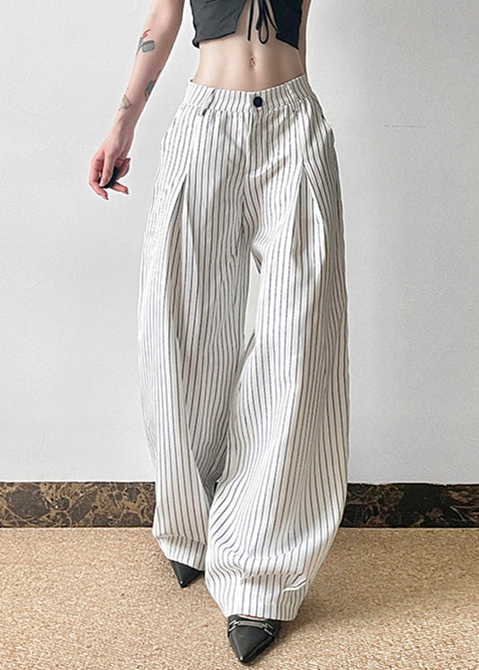 Pants Button Striped High Cotton Waist Summer Art