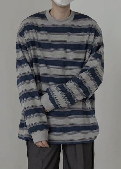 Men Art O-Neck Striped Pullover Cotton Spring Shirt T