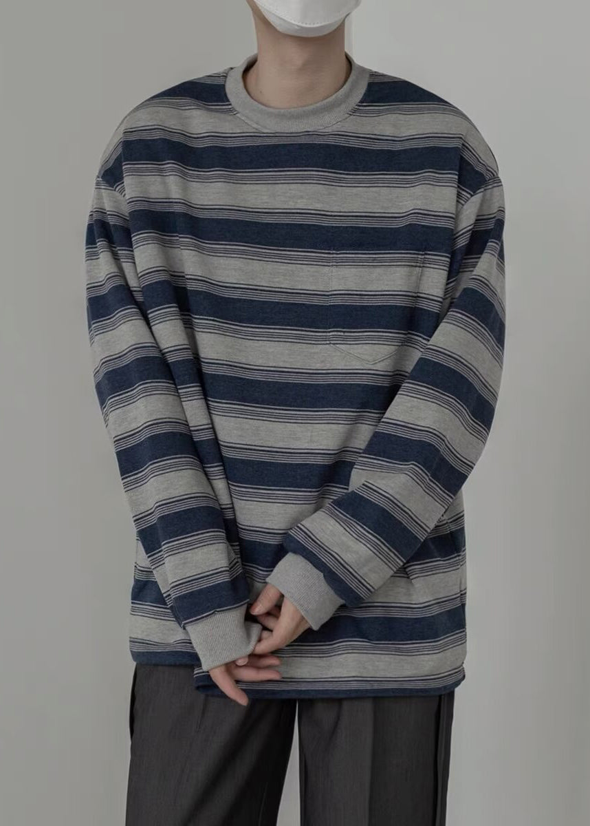 Men Art O-Neck Striped Pullover Cotton Spring Shirt T