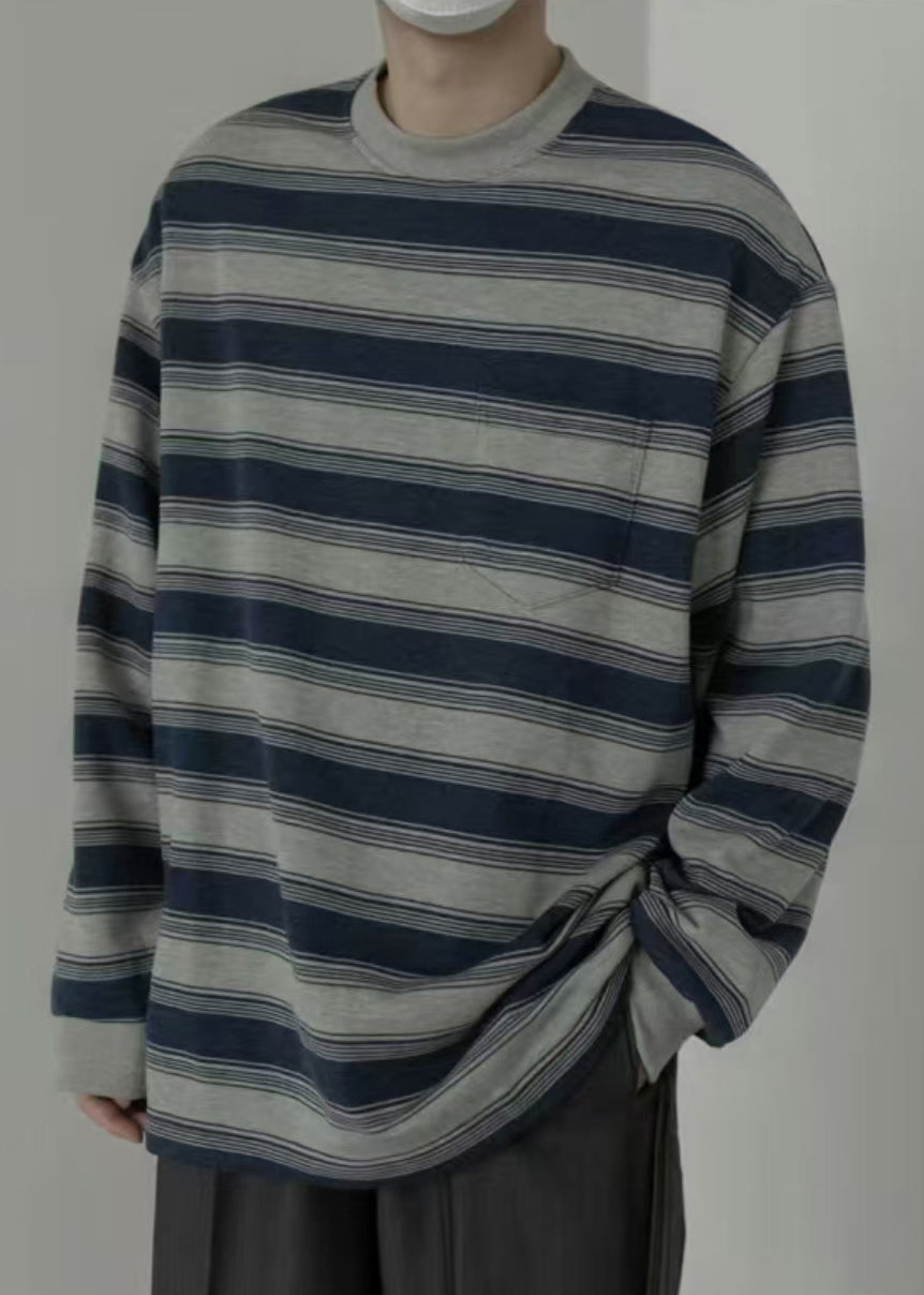 Men Art O-Neck Striped Pullover Cotton Spring Shirt T