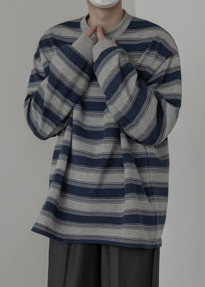 Men Art O-Neck Striped Pullover Cotton Spring Shirt T