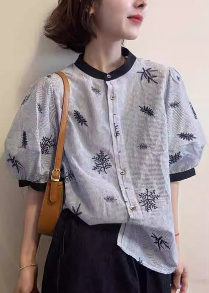 Art Blouses O Embroidered Neck Patchwork Summer Cotton Striped