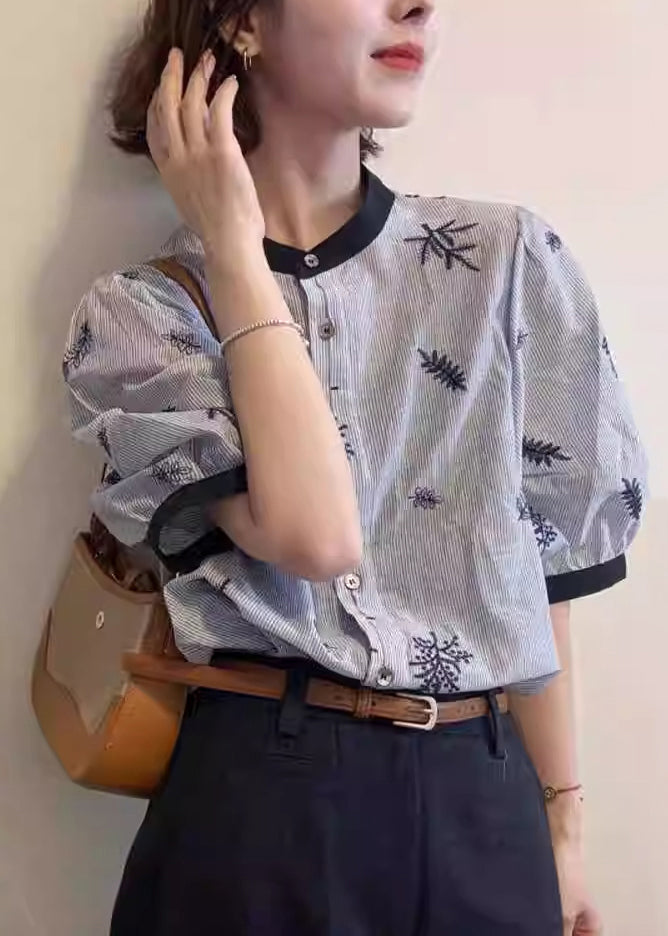 Art Blouses O Embroidered Neck Patchwork Summer Cotton Striped