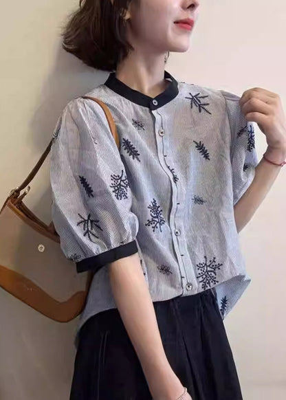 Art Blouses O Embroidered Neck Patchwork Summer Cotton Striped