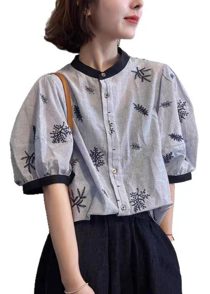 Art Blouses O Embroidered Neck Patchwork Summer Cotton Striped