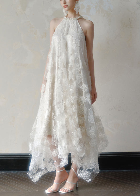 White Long Lace Dress Art Asymmetrical Sleeveless Pearl