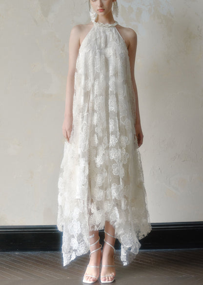 White Long Lace Dress Art Asymmetrical Sleeveless Pearl