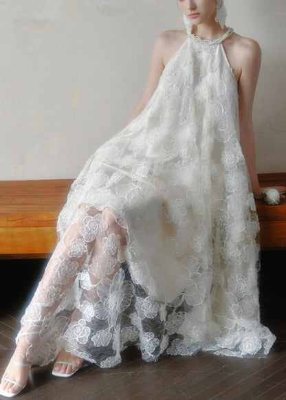 White Long Lace Dress Art Asymmetrical Sleeveless Pearl